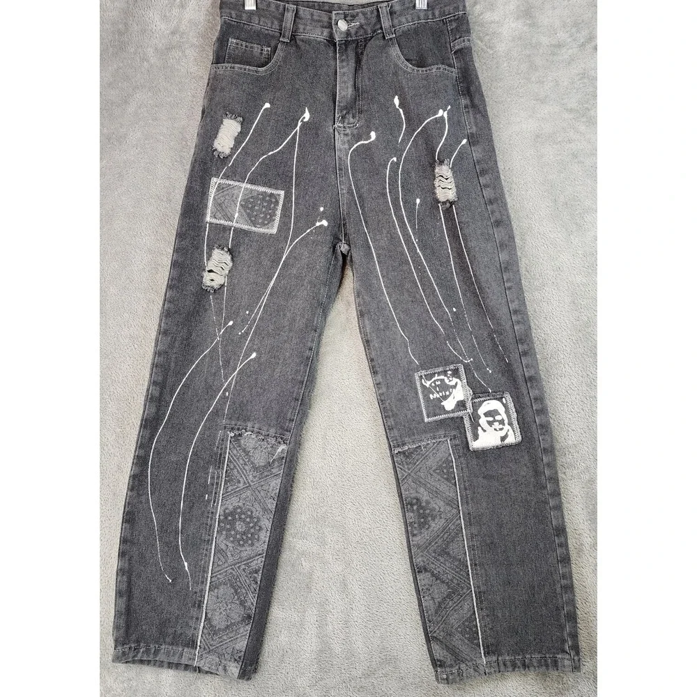 Fashion Jeans Womens 30 in Waist Gray Distressed Graphic Patch Paint Splatter - Picture 1 of 10